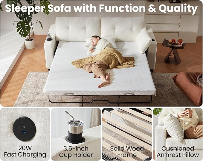 CHIC HOUSE Pull Out Sofa Bed, Full Size Sleeper Sofa, 2-in-1 Convertible Chenille Couch with USB Charging, Memory Form Corduroy Couch for Living Room, Apartment & Small Space (Beige, Chenille - Queen)