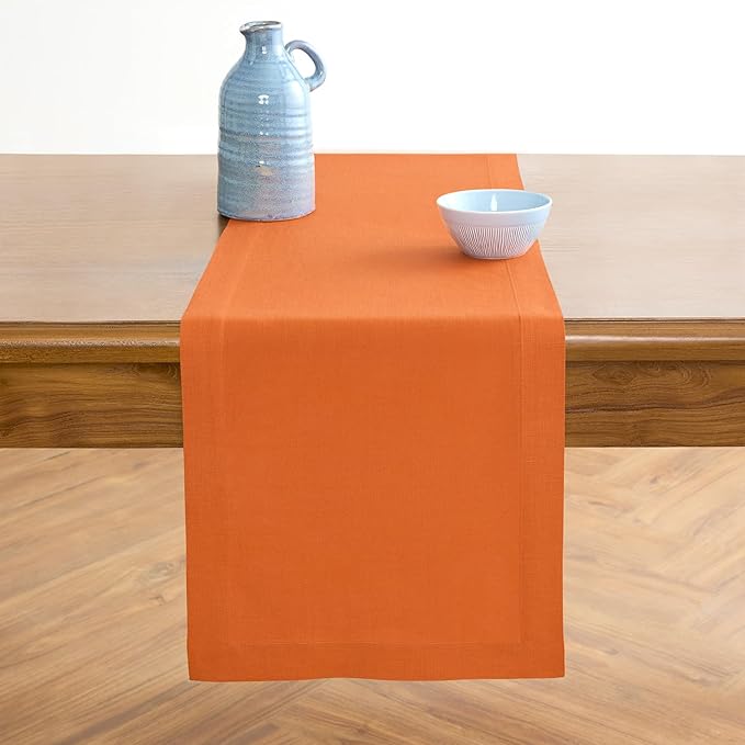 Solino Home Linen Table Runner 90 Inches Long - 100% Pure Linen Persimmon Orange Dining Table Runner 14 x 90 Inch for Fall, Autumn, Halloween, Thanksgiving - Fete