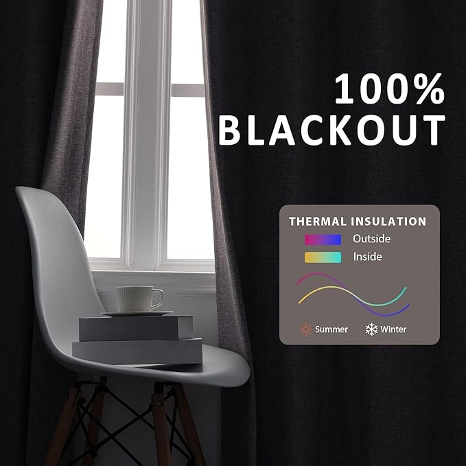 Macochico 100% Blackout Natural Grey Linen Curtains 84 Inches Long Pinch Pleated Burlap Curtains for Bedroom Living Room Farmhouse Nursery Thermal Window Panels with Tieback 72”Wx84”L 1 Panel