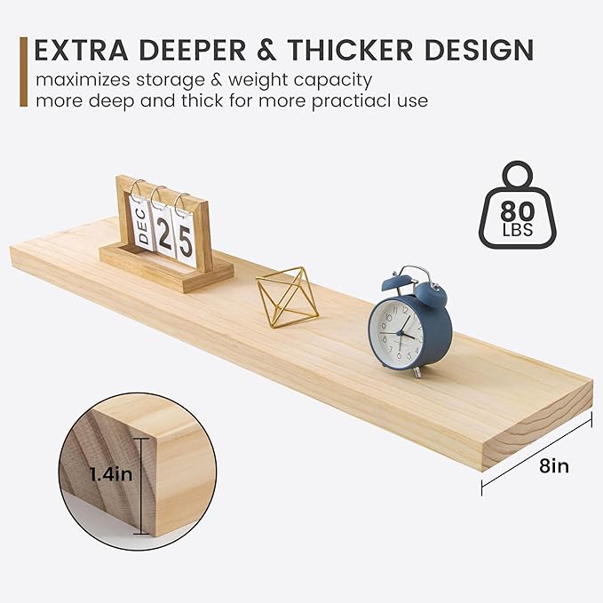 Fun Memories 36 Inch Floating Shelves for Wall, Deep Rustic Solid Pine Wood Wall Shelves for Storage - Farmhouse Wall Mounted with Heavy-Duty Metal Bracket, 36" W x 8" D, Set of 2,Unfinished