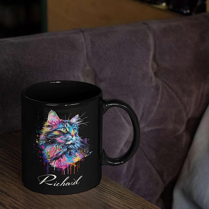 Customized Cat Ceramic Mug, Gift For Cat Pet Owner, Personalized Cat Lover Coffee Cup, Colorful Cat Design Mug For Birthday, Custom Name Cat Animal Black Cup, Unique Cat Mug 11oz 15oz