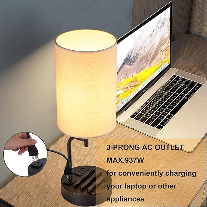 Dreamholder Table Lamp with 3 USB Charging Ports, Modern Desk Lamp with AC Outlet and Phone Stands, Perfect Bedside Lamp for Bedroom, Living Room, Office (Pack of 2), Cream