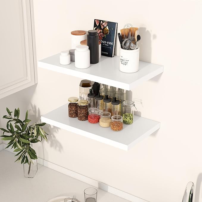 24" Floating Shelves for Wall, 12" Deep Slim White Floating Shelves, Wall-Mounted Shelves for Bedroom, Living Room, Kitchen, Bathroom - Set of 2