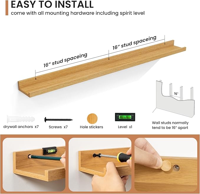 Fun Memories Picture Ledge Shelves Set of 2, 48 Inch Rustic Wall Mounted Floating Shelves with Lip for Home Storage and Décor in Bathroom, Kitchen, Nursery, Bedroom, Living Room, Oak