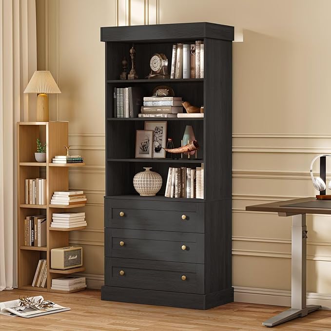 Vyre 71" Tall Farmhouse Bookshelves with Drawers, Set of 3 – Large Modular Bookcase with Adjustable Shelves, Storage Cabinet for Living Room, Kitchen, Home Office, Black
