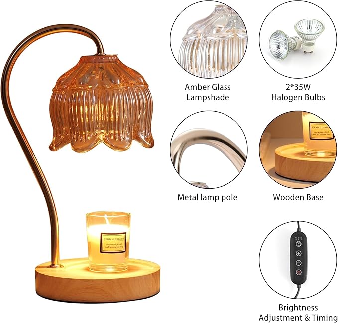 GEEZO Fragrance Candle Warmer Lamp with 2 Bulbs Electric Candle Warmer with Timer & Dimmer for Home Decor Wax Melt for Small Large Size Jar Candles Retro Wooden Base
