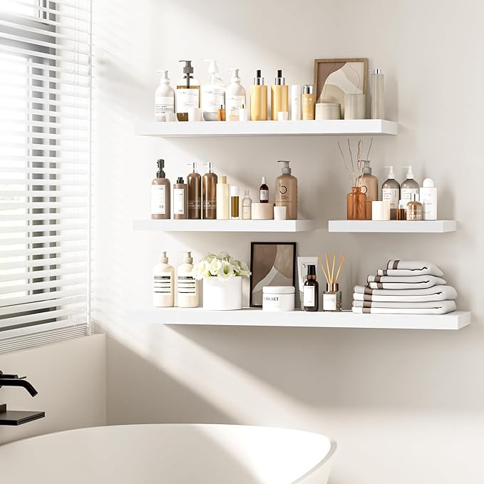 Fun Memories Floating Shelves - 2 Pack 12 Inch Deep Rustic Wooden Wall Shelves - Extra Deeper & Thicker Wall Mounted Storage Shelf for Living Room, Kitchen, Farmhouse - 24" W x 12" D x 1.5" H - White