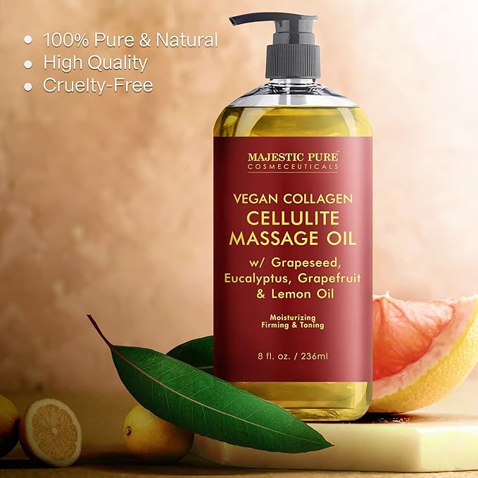 Majestic Pure Anti Cellulite Massage Oil for Massage Therapy - Refreshing, and Relaxing - Natural Oils with Vegan Collagen, Stem Cells & Cellulite Cream - All Skin Types - Men and Women - 8 fl oz