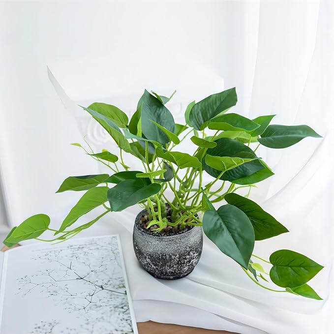 AlphaAcc Artificial Plants Potted Real Looking Small Faux Plant with Rustic Black Cement Planter for Kitchen Office Desk Bookshelf Decor (Ivy Plant)