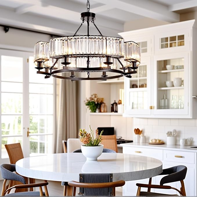 Farmhouse Crytal Chandeliers Dining Room Pendant Light Fixture Black Chandelier with K9 Crystal for Living Room Dining Room Foyer High Ceiling