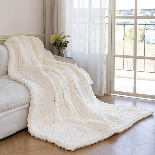 Chunky Knit Blanket - Luxury Soft Cozy Extra Large Size (80 * 90) Throw Blanket,100% Woven Blanket Rope Knot Throw Blanket for Couch, Sofa, Home Decor, Gift - Machine Washable（Milk White ）