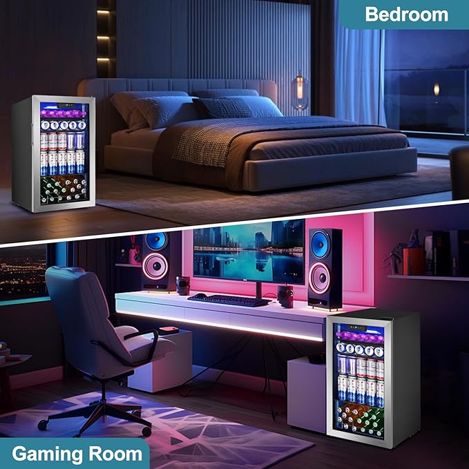 Beverage Refrigerator Cooler, 128 Cans Mini Fridge Glass Door for Drink Beer Soda Wine, 3.2 Cu.Ft Small Fridge for Kitchen Bedroom Office Bar, with 4 Adjustable Removable Shelves, Stainless Steel