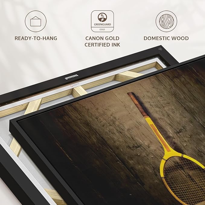 ElephantStock Vintage Tennis Racket Wall Art - Horizontal Framed Canvas - 1-Piece Living Room Wall Decor - Photography Sports Canvas Print - Brown and Black Decor for Wall - 43" X 29"