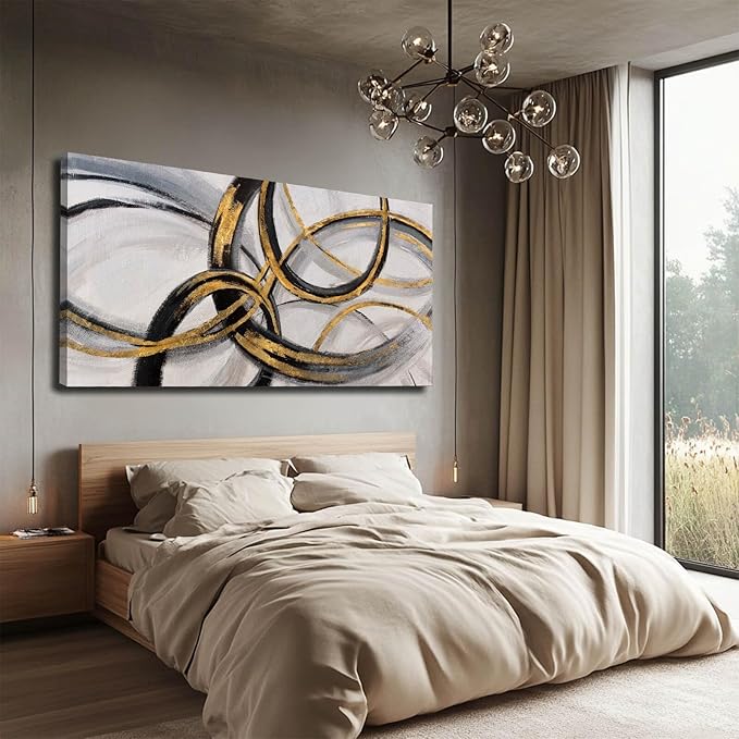 SOUGUAN Living Room Decor for Wall Abstract Wall Art 30x60in Black and Gold Wall Art Round Ring Wall Decoration for Bedroom Dining Room Home Office Ready to Hang
