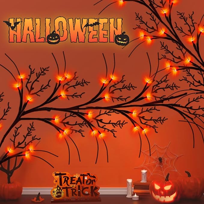 9 FT 72LED Halloween Willow Vine Twig Decor Branches Garland with Lights - 8 Modes Timer - Waterproof Battery Operated for Indoor Wall Fireplace Halloween Decorations