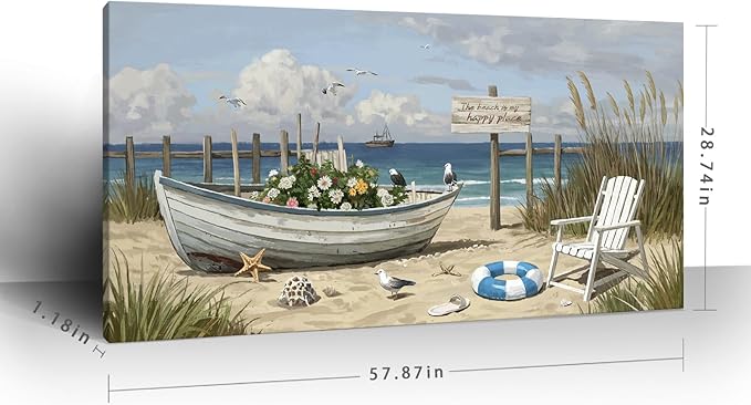 amatop Oversized Coastal Canvas Wall Art – Nautical Seaside Landscape Floral Boat on Sandy Beach Ocean Seabirds Horizontal Decor Large Wildflower Nature Artwork for Living Room Bedroom Office 58×29 Inch