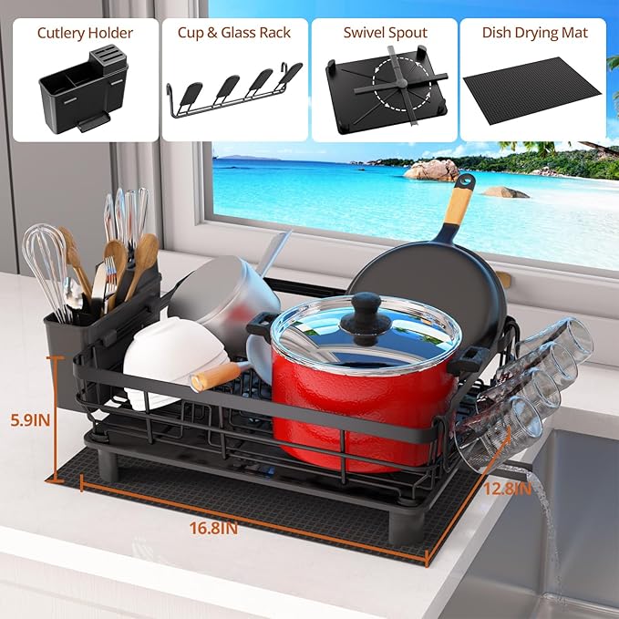 Godboat Dish Drying Rack, Dish Rack with Auto-Drain & Mat, Dish Drainers for Kitchen Counter, Glass Organizer for 4 Cups, 3 Slots Utensil Holder, Gifts for Women Mothers Day, Kitchen Gadgets & Decor