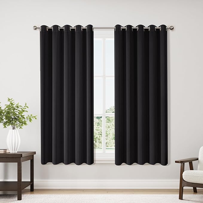 ChrisDowa Blackout Curtains 70 inches Wide for Bedroom - 2 Panels Set Extra Wide Grommet Thermal Insulated Room Darkening Curtains for Living Room (Black, 70 x 63 Inch)