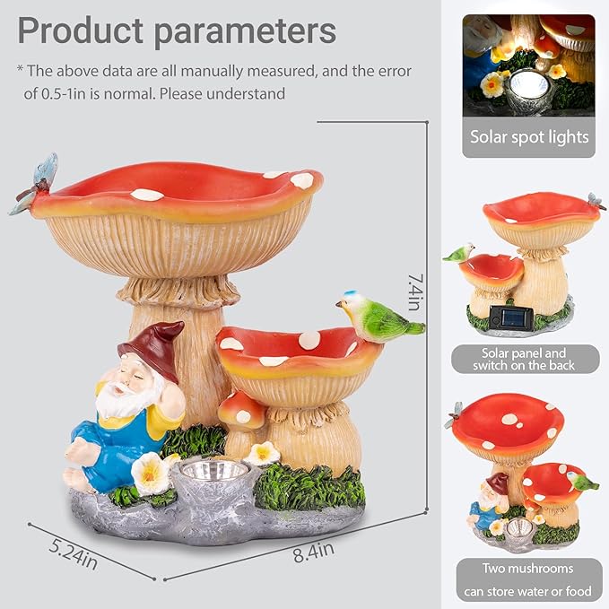 TIJNN Solar Gnome Statue with LED Lights, Bird Water Feeder Garden Decor for Patio, Lawn, or Home, Mushroom Figurine Outdoor Decoration Garden Gifts