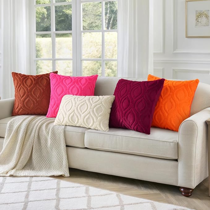 decorUhome Fall Throw Pillow Covers 22x22 Inch Set of 2, Soft Plush Decorative Faux Fur Orange Solid Couch Pillow Covers, Accent Farmhouse Neutral Square Euro Pillow Cases for Sofa Bed Living Room