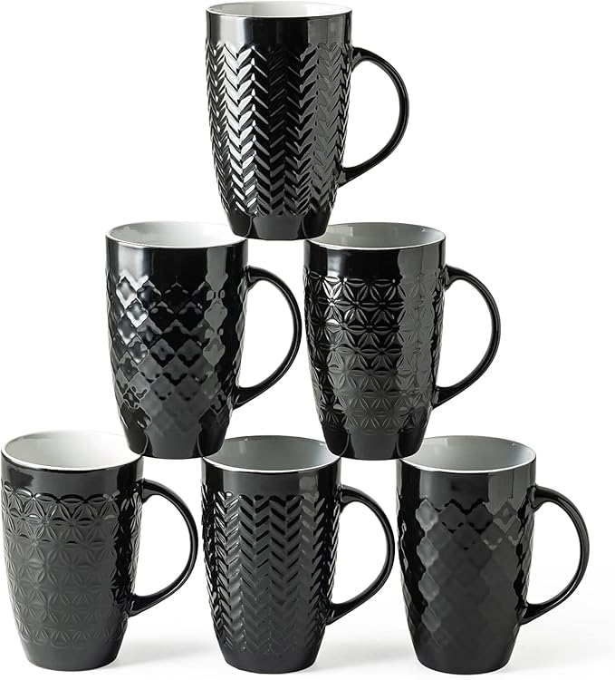 AmorArc Large Coffee Mugs Set of 6, 20oz Ceramic Tall Coffee Mugs Set with Textured Geometric Patterns for Latte/Tea/Beer/Hot Cocoa, Dishwasher & Microwave Safe, Black