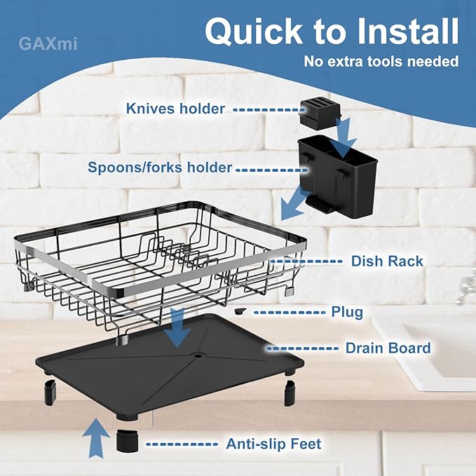 GAXmi Dish Drying Rack Over The Sink Drainer with Drainboard Utensil Holder, 1-Tier Grey