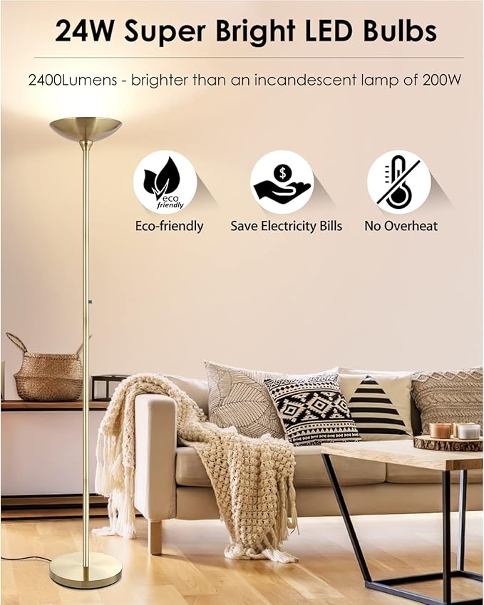 BoostArea Torchiere Floor Lamp Gold, 30W Super Bright LED Standing Lamp, 3000K Stepless Dimmable Pole Lamp with Rotary Switch, 70 Inch Tall Metal Modern Floor Lamps for Living Room/Bedroom/Office/Den