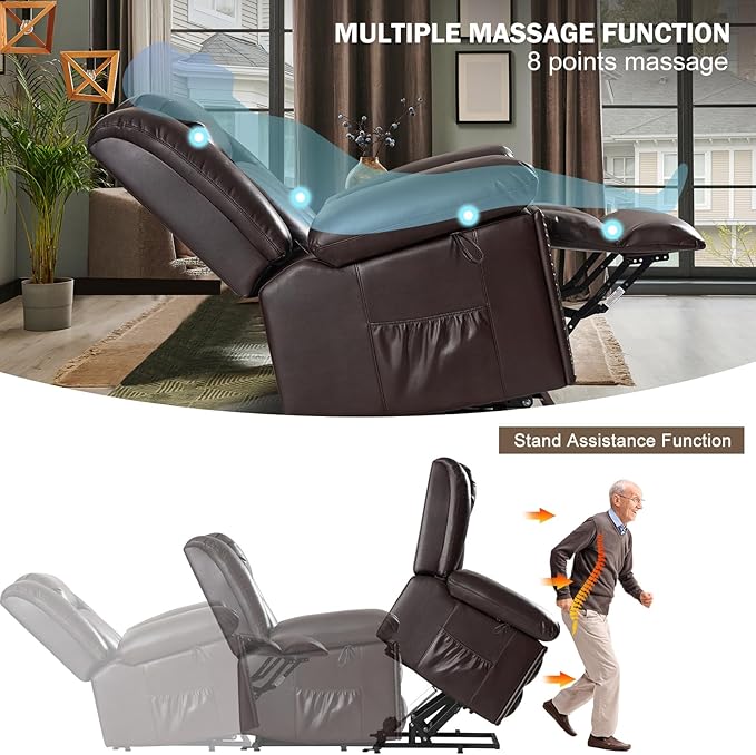 Electric Power Lift Recliner Chair for Elderly with Heat & Massage, Large Breathable Leather Reclining Chairs w/2 Concealed Cup Holders for Seniors Home Living Room,Bedroom,1PC,Brown