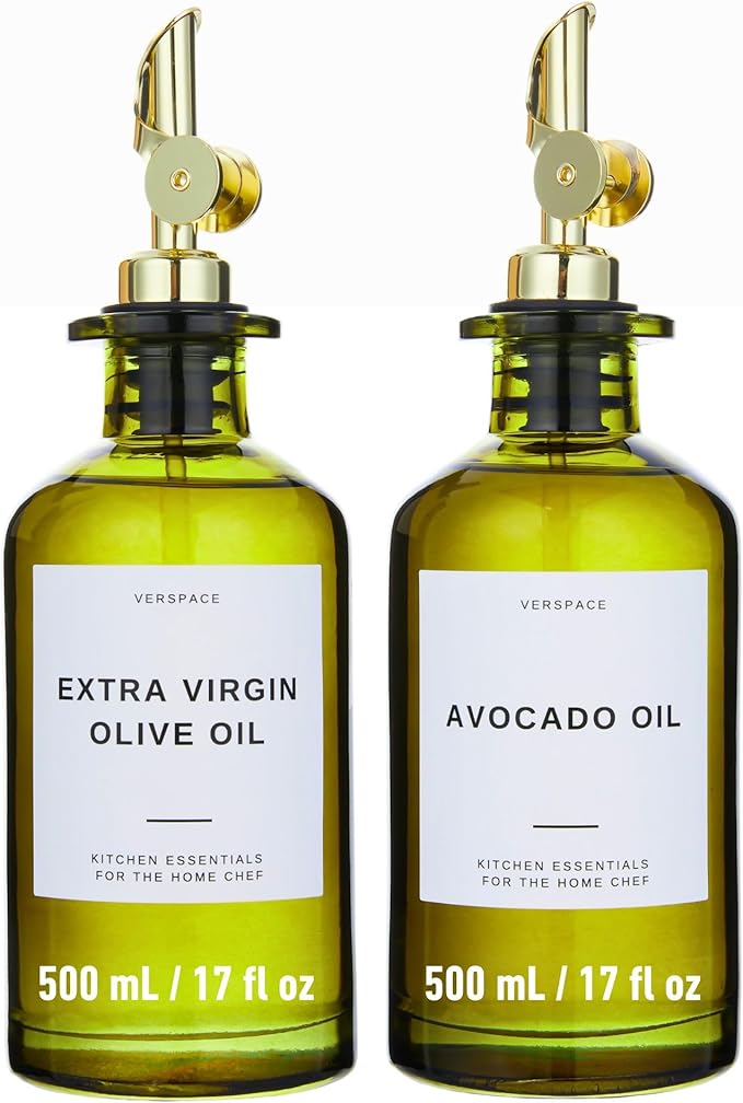 Green Glass Olive Oil Dispenser Bottle For Kitchen By Verpsace,Avocado Oil Dispenser Set, Modern Decor, Gold Kitchen Accessories for Home, Airbnb, Cafe (Gold, Set of 2)