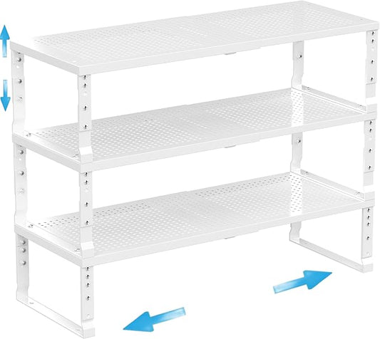 Expandable Spice Rack Kitchen Cabinet Shelf Organizer, Stackable Storage Shelves Racks, Adjustable Counter Shelving for Cabinets, Countertop, Cupboard,Pantry and More(3Packs/White/Medium)