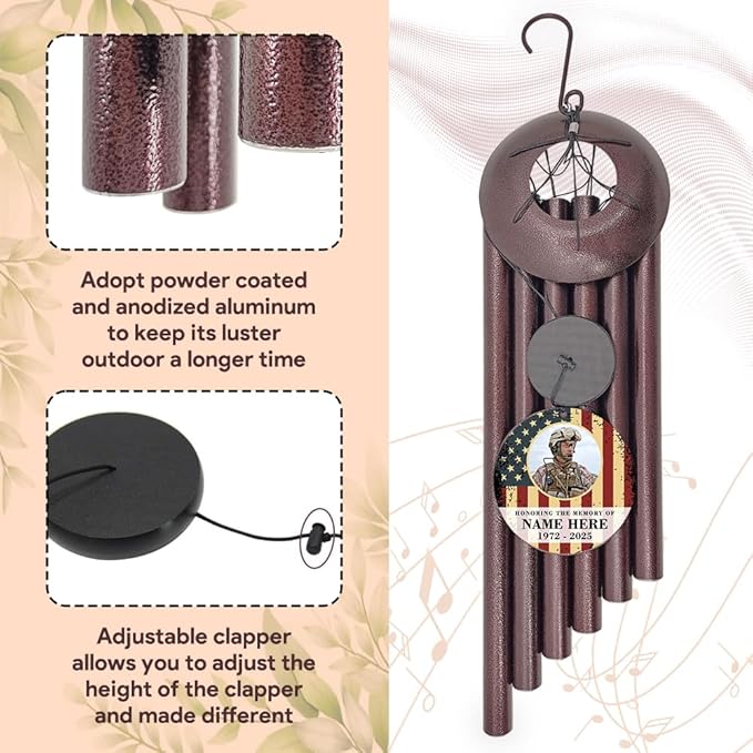 36inch Personalized Wind Chimes, Memorial Wind Chimes for US Veteran, Wind Chime for Loss of Loved Dad/Mom, Sympathy Memorial Gifts, Thank You Veteran Solider