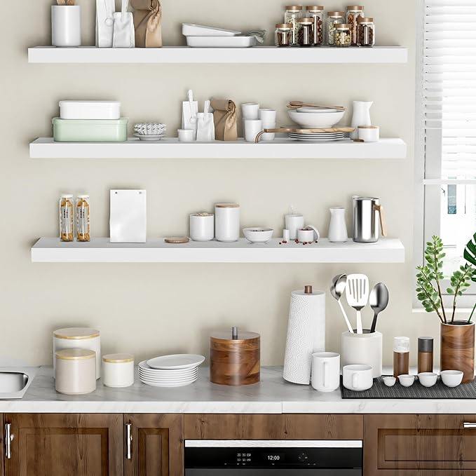 Floating Shelves - 10.3 Inch Deep Wall Shelf for Decor & Storage - Wall Mounted Display Shelving with Invisible Heavy-Duty Metal Bracket - 48" W x 10.3" D x 1.8" H - Set of 1 - Rustic White