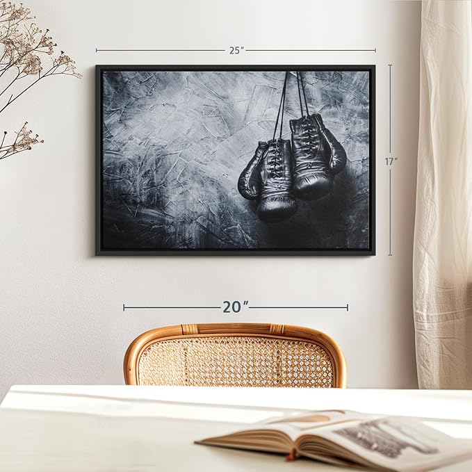 ElephantStock Boxing Gloves Wall Art - Horizontal Framed Canvas - 1-Piece Living Room Wall Decor - Photography Sports Canvas Print - Black and Gray Decor for Wall - 25" X 17"