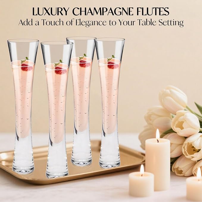 Champagne Flutes Set of 4, Hand Blown Crystal Champagne Glasses, Modern Unique Design, Lead-Free Prosecco Glasses, Elegant Toasting Glasses Gift for Wedding, Anniversary, Birthday, Christmas