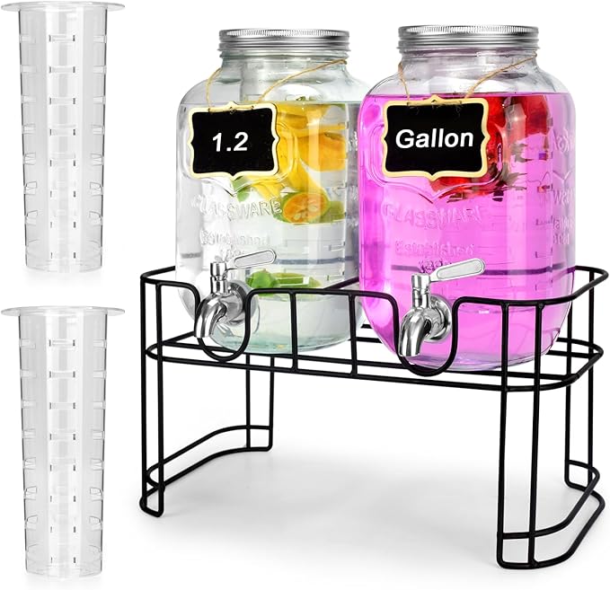 DD&HAPP Glass Drink Dispensers For Parties. 1.2 Gallon Beverage Dispenser With Stand And Stainless Steel Spigot .Lemonade Dispenser With Ice Cylinder.Mason Jars,Laundry Detergent Dispenser.
