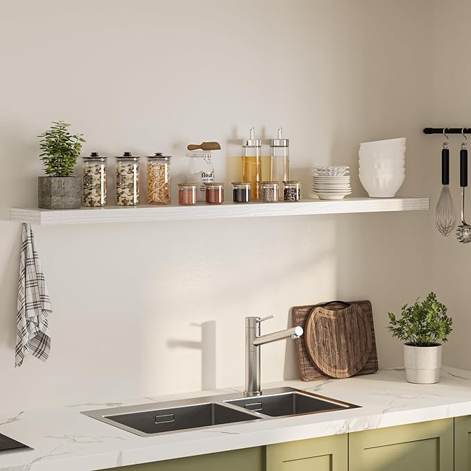 Floating Shelves for Wall, 72"W x 9.3"D x 1.5"H, Long Wooden Wall Mounted Display Shelves with Invisible Brackets for Living Room, Bedroom, Bathroom, Kitchen Decor and Storage, Set of 1, White