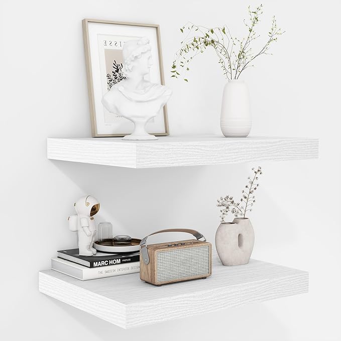 Fun Memories Floating Shelves - 2 Pack 12 Inch Deep Rustic Wooden Wall Shelves - Extra Deeper & Thicker Wall Mounted Storage Shelf for Living Room, Kitchen, Farmhouse - 16" W x 12" D x 1.5" H - White