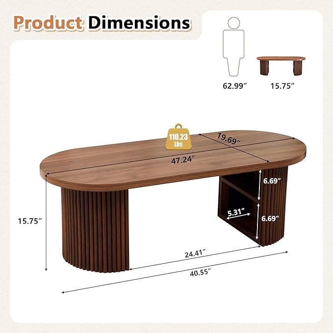 Oval Fluted Coffee Table, 47" Farmhouse Wood Coffee Table Mid Century Modern Center Table Boho Living Room Tables for Living Room Office,Walnut