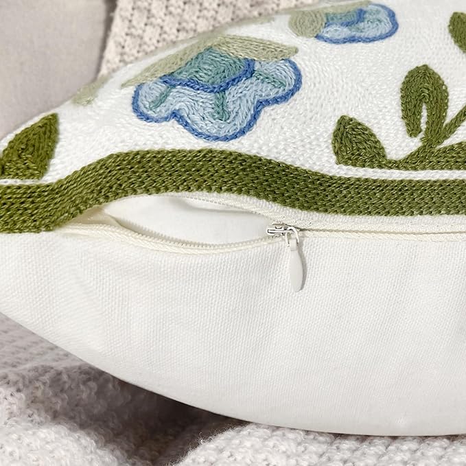 Alysheer Floral Embroidered Summer Decorative Throw Pillow Covers 20"x 20" Set of 2, Farmhouse Cottage Blue Flowers Green Leaves Knit Pattern Cotton Canvas Cushion Case for Couch Bed Living Room