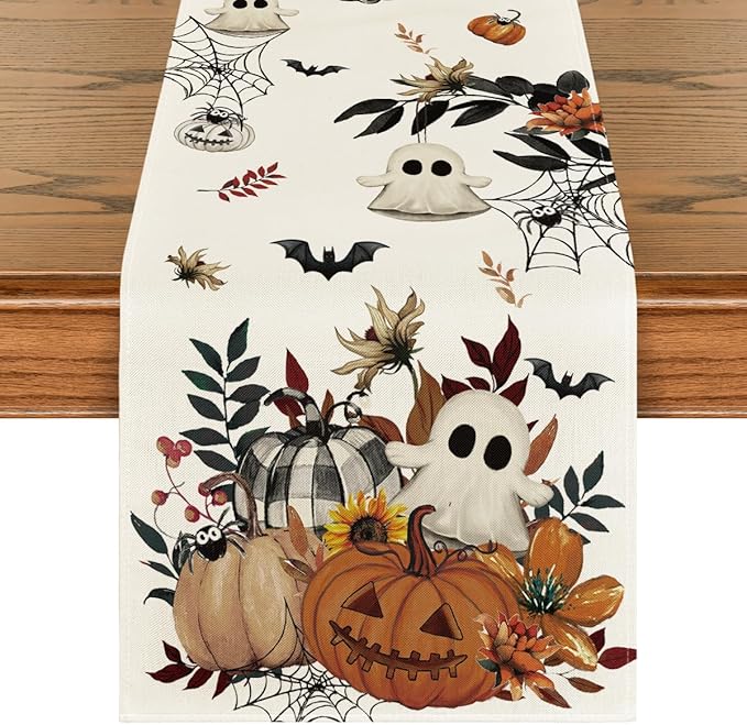 Artoid Mode Pumpkin Ghost Leaves Spider Web 210 GSM Halloween Table Runner, Spooky Kitchen Dining Table Decoration for Home Party Decor 13x90 Inch