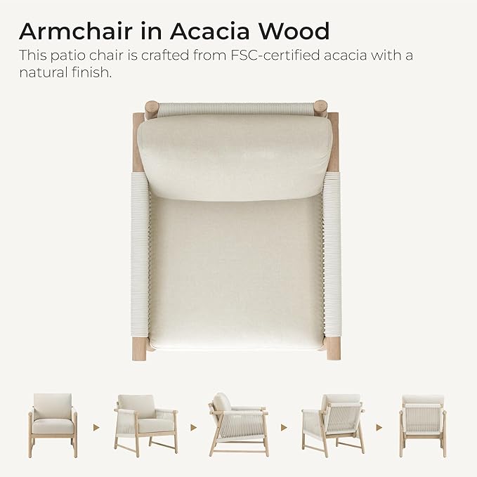 CHITA Boho Patio Rattan Chair, Outdoor Wicker Chair with 7.1″ Thickened Cushions Acacia Wood Frame(Cream)