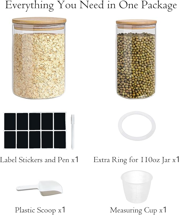 Glass Storage Jars Set Elegant Containers with Airtight Bamboo Lids, Perfect for Kitchen Organization - Flour, Rice, Pasta, Sugar, Coffee Beans, Accessories Included (2 packs(37oz / 110oz))