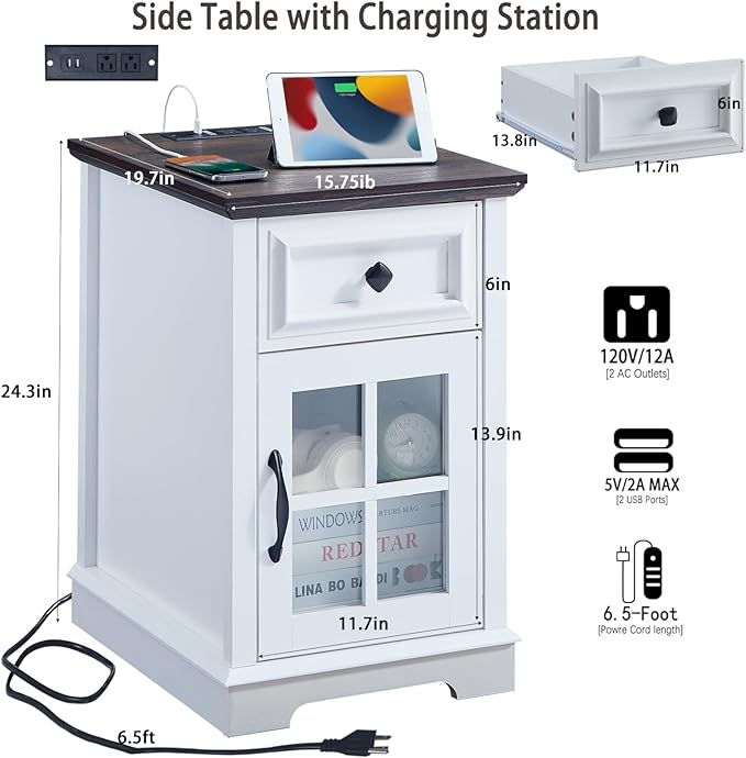 Farmhouse XXL End Table with Charging Station, Side Table with USB Ports and Outlets, Nightstand with Drawer and Glass Door Storage, White Bedside Tables for Living Room, Bedroom, Office