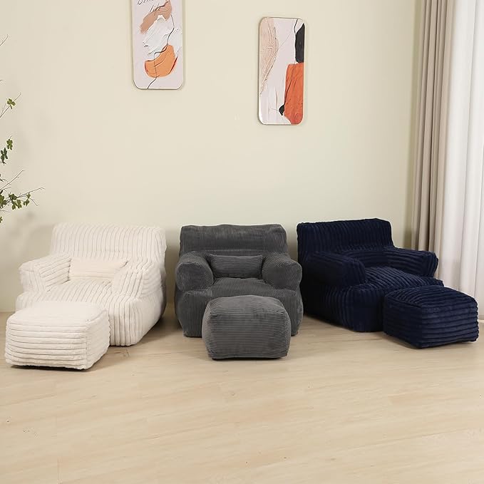 Comfy Gaint Bean Bag Chair with Ottoman, Fluffy Huge Bean Bag Armchair for Adults and Teens, Dark Blue