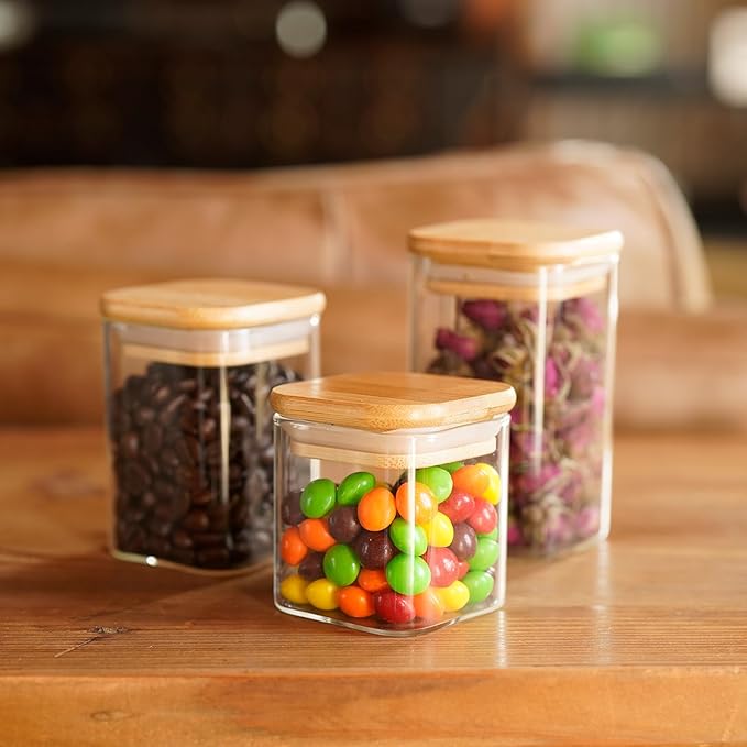 Glass Food Storage Jars Square 4oz, 12 Pack Glass Jars With Bamboo Lids, Kitchen Storage Containers For Spice, Candy, Cookie, Storage For Pantry Organizers