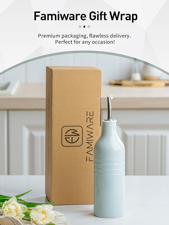 famiware Jupiter 16oz Ceramic Olive Oil Dispenser Bottle, Olive Oil and Vinegar Dispenser Bottle Set of 2 with Stainless Steel Pourers, Suitable for Storage Vinegar, Liquids, Light Blue