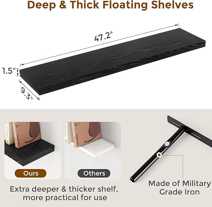 48 Inch Floating Shelves Black, Rustic Wood Floating Shelf Wall Mounted, 9 Inch Deep Floating Shelf for Kitchen, Bedroom, 48 x 9 Wall Shelves for Home Storage, Set of 1