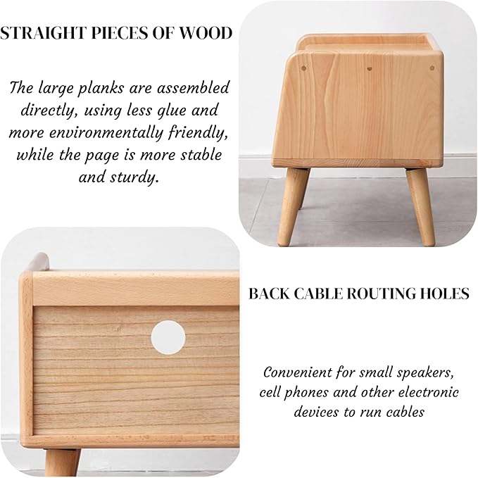 Bedside Table - 100% Solid Oak Wood Nightstand - Small Nightstand with Open Design - Small Side End Table for Bedroom Living Room, Easy Assembly (Natural Color)