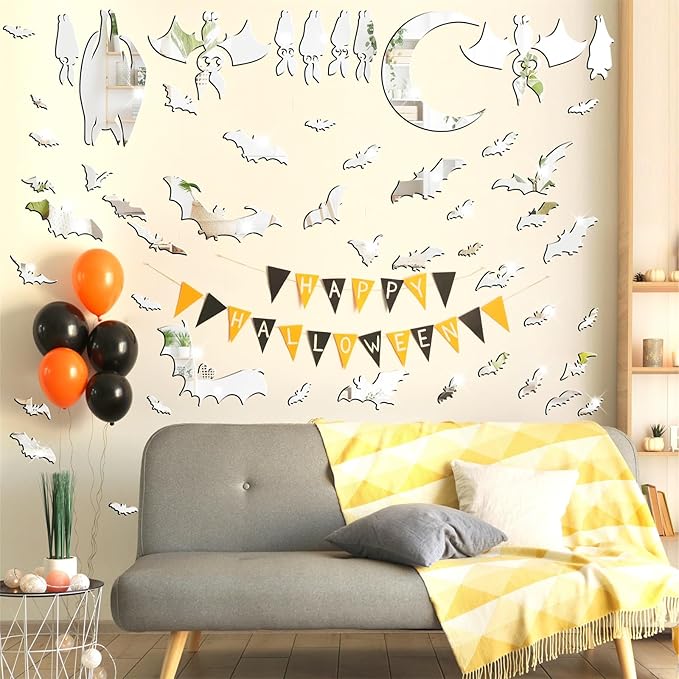 Easma Halloween Bats Wall Stickers 3D Scary Bats Decor for Door Decals Haunted House Party Decorations Silver Removable Halloween Wall Decal Peel and Stick for Kids Baby Bedroom Bathroom Playroom