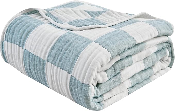 EMME Checkered Throw Blanket Cotton for Couch Soft Muslin Bamboo Blankets 50"x60" Lightweight Breathable Soft Blanket All Season Gauze, Teal